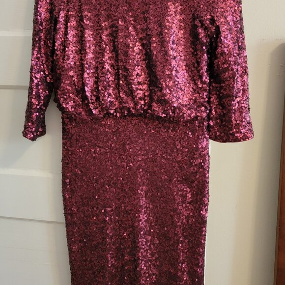 Badgley Mischka Collection Cowl Back Full Sequin Burgundy Holiday Dress - Picture 3 of 6